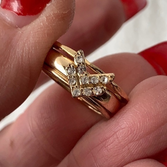 💐5/25 3 stacked matching rings rhinestone chevron design simple bands - Picture 1 of 7